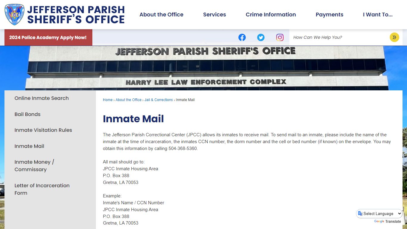 Inmate Mail | Jefferson Parish Sheriff, LA - Official Website - JPSO
